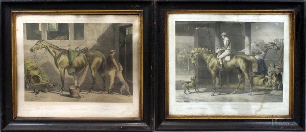 Lotto di due stampe a colori raffiguranti cavalli, Gloria e riposo/Calma e fiducia,  cm 49,5x59, XX secolo, entro cornici.