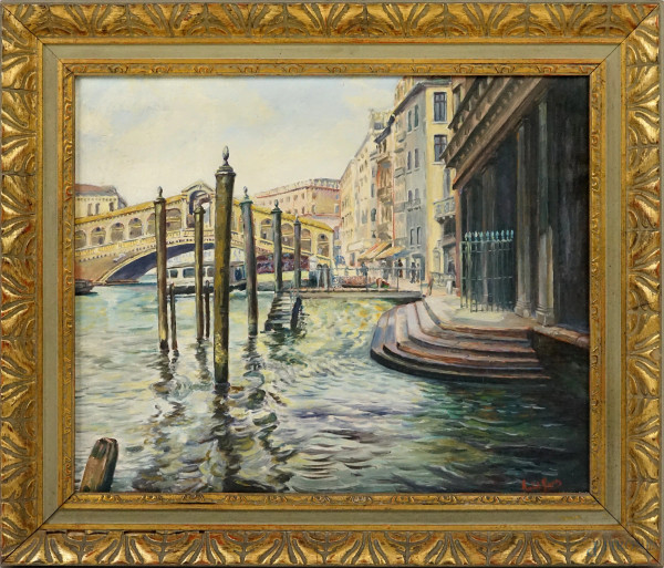 Scorcio di Venezia, olio su tela, cm 43,5x53,5, firmato, entro cornice