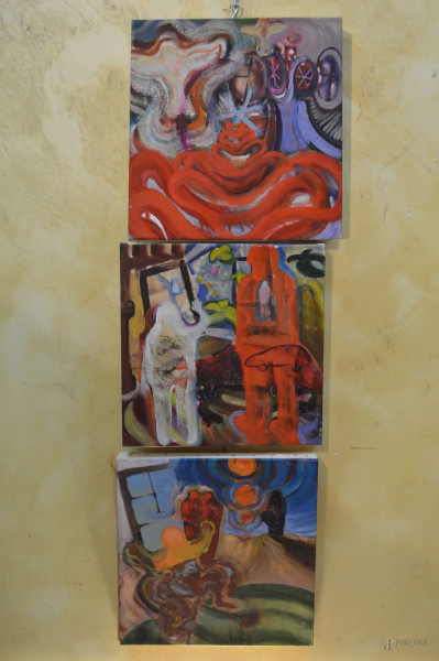 Lily Prince, lotto composto da tre dipinti ad olio su tela 36x36 cm.