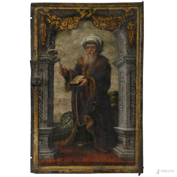 Sportello in rame dipinto raffigurante astronomo arabo, XVIII  -XIX secolo, cm 25x16,5, (segni di usura, difetti)