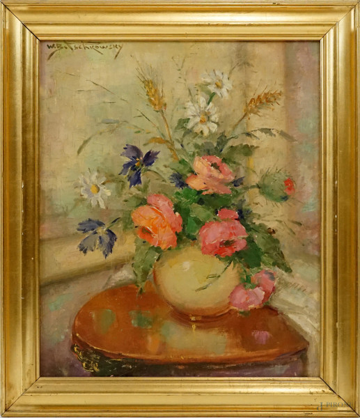 Wladimir Bitschkowsky - Vaso con fiori, olio su tela riportata su cartone, cm 60x50, entro cornice.