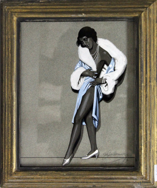 Ritratto di ragazza, tecnica mista su carta, 33x27 cm, entro cornice firmato e datato