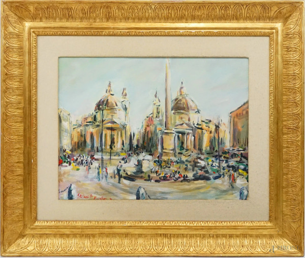 Stellario Baccellieri - Piazza del Popolo, olio su tela, cm 47x60, entro cornice.