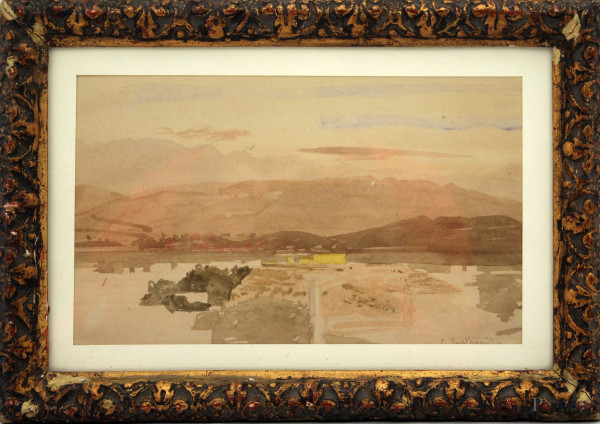 Paesaggio, acquarello su carta, 24x15 cm, entro cornice firmato Parthenis