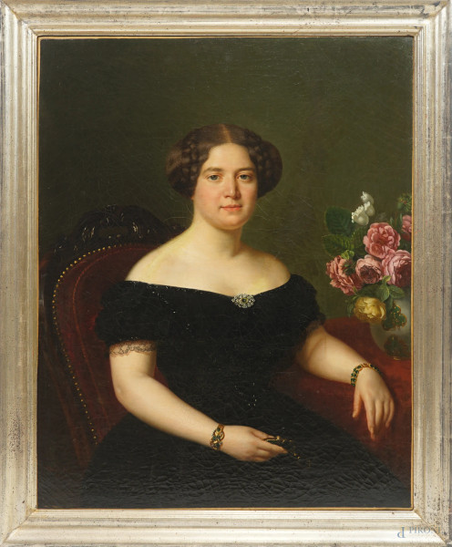 Joseph Jean Vaudechamp (1790-1864), Ritratto di gentildonna, olio su tela, cm 93x73,5, firmato e datato 1852 in basso a sinistra, entro cornice