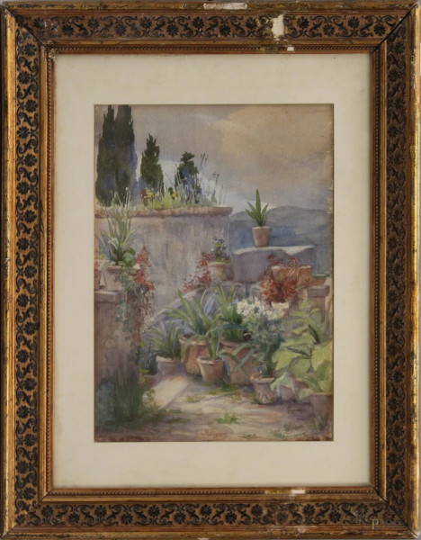 Cortile con fiori su sfondo montagne, acquarello su carta, 28x38 cm, entro cornice firmato
