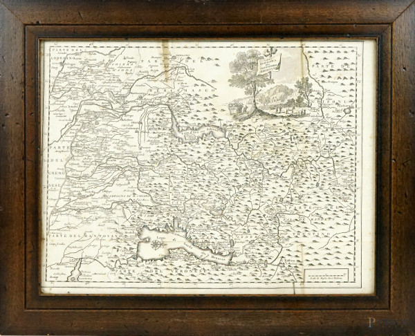 "Carta geografica del territorio bresciano" tratta da "Lo stato presente di tutti i paesi e popoli del mondo", incisione, cm 35x46, XVIII secolo,  entro cornice, (difetti).