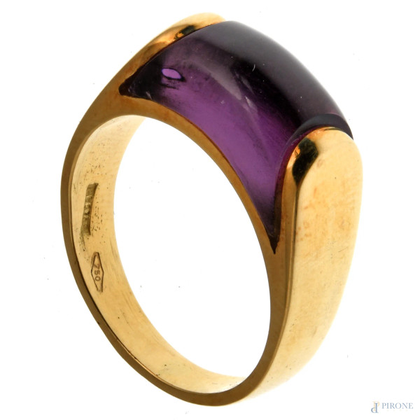 Anello a tronchetto in oro 18 kt marcato Bulgari con ametista, anni Ottanta, misura 13, peso lordo gr  [..]