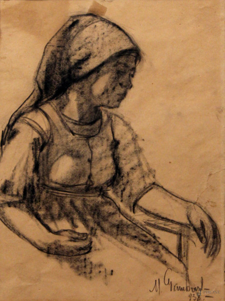 Ritratto di popolana, carboncino su carta, 28x38 cm, firmato e datato, (difetti)