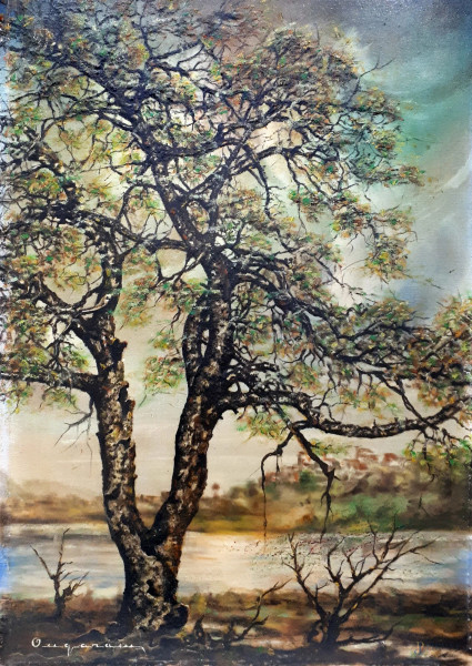 Artista dei primi del Novecento, Albero in riva al lago, olio su tela applicata su legno, cm 66x45, firmato