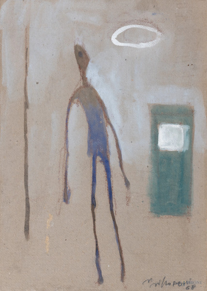 Franco Villoresi - Figura, tecnica mista su carta applicata su tela, cm 42,5x30,5, firmato e datato "68" in basso a destra e al retro, (segni di usura, abrasioni, cadute di colore)
