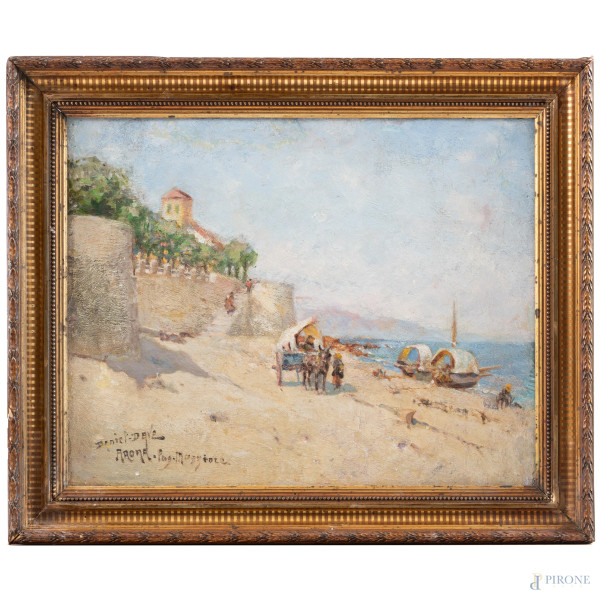 Arona, XX secolo, olio su tela, cm 36x46, firmato in basso a sinistra, entro cornice (craquelure, sollevamenti e cadute di colore)