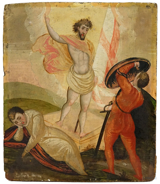 Scuola veneto-cretese del XVI-XVII secolo, Resurrezione, olio su tavola, cm 28x24,5, (difetti).
