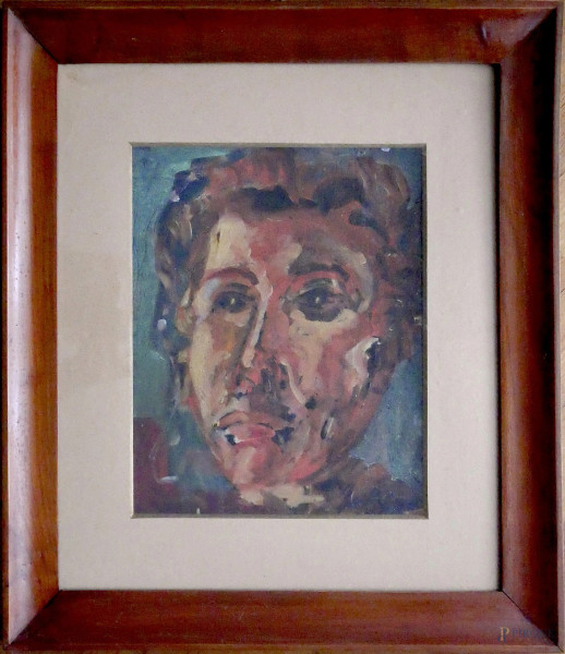 Ritratto impressionista, olio su tavola, 26x32, firmato in basso a destra, cornice artigianale in ciliegio.