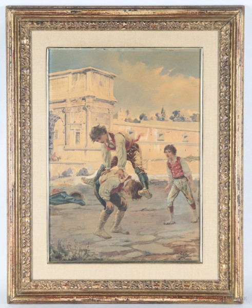 Il salterello, XIX secolo, acquerello su carta, 44x33 compreso passepartout, siglato in basso a destra, entro cornice, (lieve ossidazione della carta)