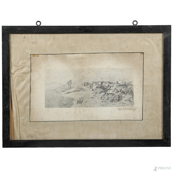 Preghiera nel deserto, stampa su carta da un disegno di Paolo Vetri, cm 33x57, dedicato in basso a destra, entro cornice, (segni di usura, tracce di umidità, bruniture, piegature, gore, foxing, difetti)