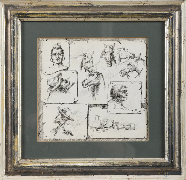 Studio di figure e cavalli, XX secolo, inchiostro su carta, cm 26x28 compreso passepartout, entro cornice, (segni di usura, lievi ondulazioni della carta)
