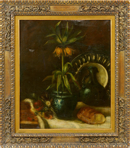 Pittore del XIX-XX secolo, Natura morta con Fritillaria Imperialis, fiori, pane e brocca, olio su tela, cm 76x63, entro cornice