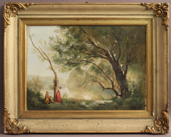 Paesaggio con figure, olio su tavola telata firmato, cm 30 x 39, entro cornice.