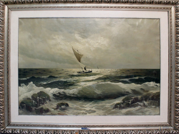 Cesare Laruffa, Mare in tempesta con imbarcazione, olio su tela, cm 96 x 67, entro cornice.