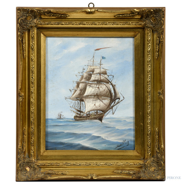 Veliero, XX secolo, olio su tela, cm 30x24, firmato in basso a destra, entro cornice, (segni di usura)