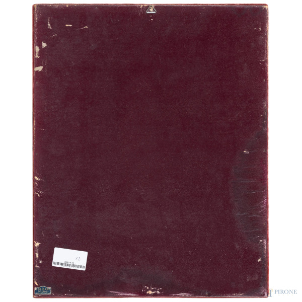 Coppia di stampe applicate su tavola dipinta, XIX-XX secolo, cm 37,5x26, (fessurazioni, craquelur...