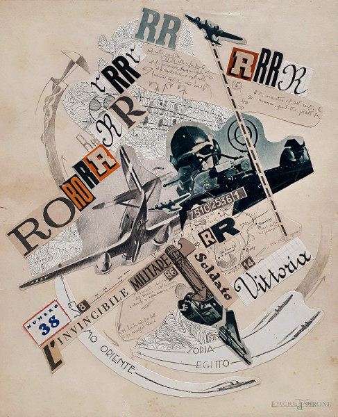 Aeropittore del Novecento, Aeropittura a tecnica mista e collage su carta, cm 32x25, firmato, entro cornice