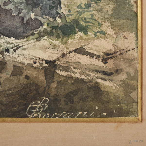 Scorcio di paese, XX secolo, acquerello su carta, cm 45,5x34 compreso passepartout, firmato in ba...