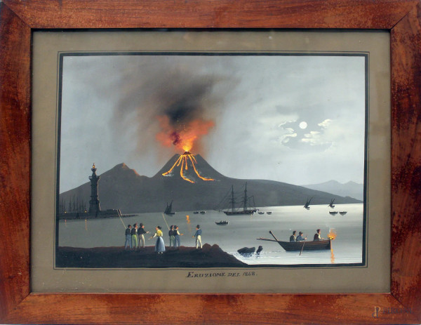 Eruzione del Vesuvio del 1848, gouache su carta, cm 32x42, entro cornice.