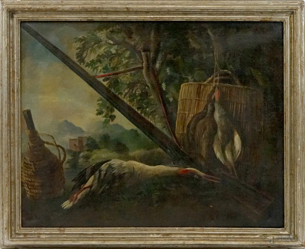 Pittore del XVIII secolo, Cacciagione, olio su tela, cm 75x95, entro cornice, (difetti).