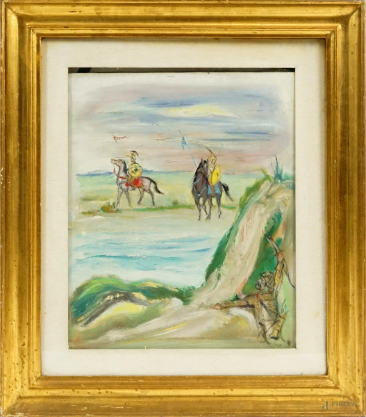 Giovanni Stradone - I Cavalieri, olio su tela, cm 44x55, 1960, entro cornice