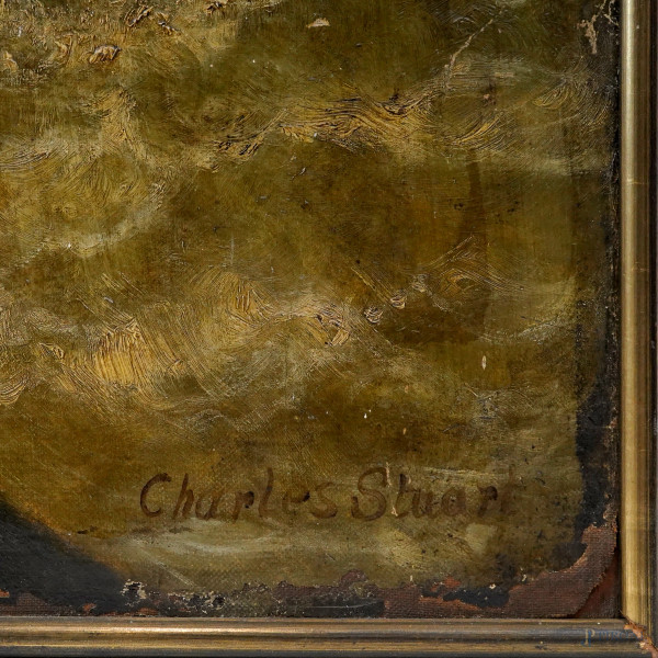 Torrente nel bosco, olio su tela, firmato in basso a destra Charles Stuart, cm 152.5x106, entro c...