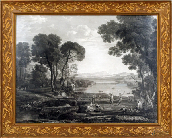 Incisione del XVIII sec,olo raffigurante paesaggio bucolico, cm. 48x63, entro cornice.