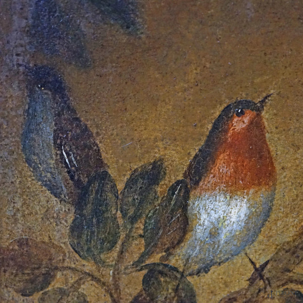 Scuola dell'Italia settentrionale del XVII secolo, Ibis, ghiandaia e pettirosso entro un paesaggi...