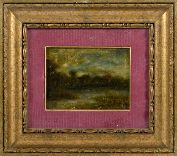 Paesaggio lacustre,olio su tavola XIX secolo, firma illegibile in basso a sinistra, cm 13,5x18,5 entro cornice