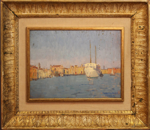 Venezia, olio su cartone, cm 30x40, entro cornice firmato Pieretto Bianco.