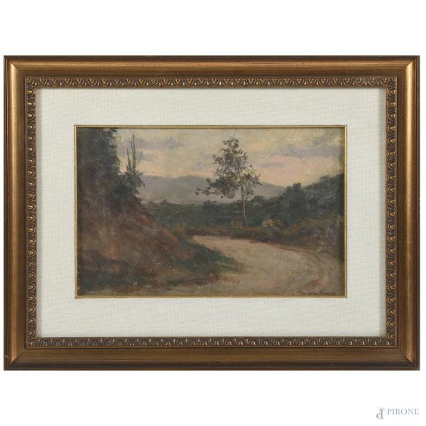 Giuseppina Vannutelli, Paesaggio con strada e alberi, XX secolo, olio su tavoletta, cm 21x33, firmat in basso a destra, entro cornice, (supporto lievemente imbarcato)