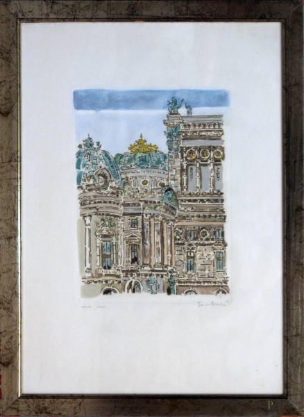 Orfeo Tamburi - La cattedrale, acquaforte colorata a mano, cm. 70x50, entro cornice.
