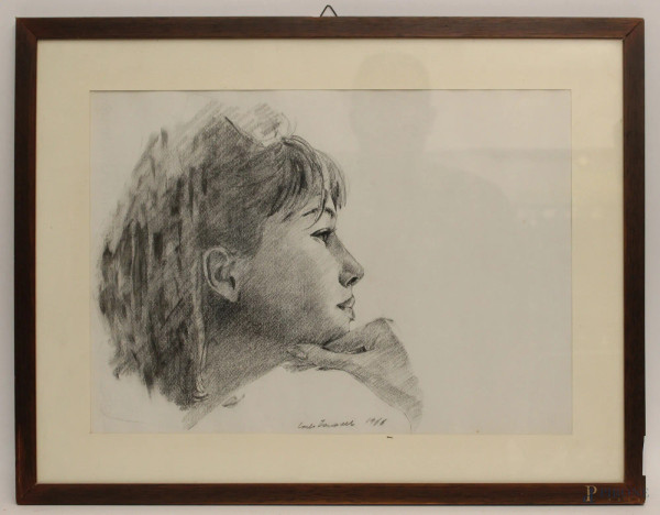 Volto di ragazza, matita su carta, 32x45 cm, firmato Carlo Zamanti 1966, entro cornice.
