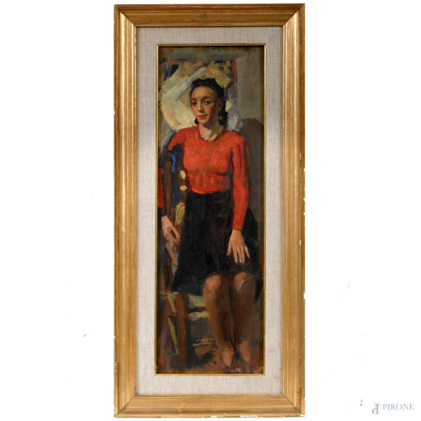 Figura femminile in rosso, XX secolo, olio su tavoletta, cm 63,5x21, entro cornice, (fessurazioni della tavola)