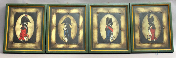 Lotto composto da quattro dipinti su lastra metallica raffiguranti ufficiali del XIX sec., cm 19 x 14, entro cornici.