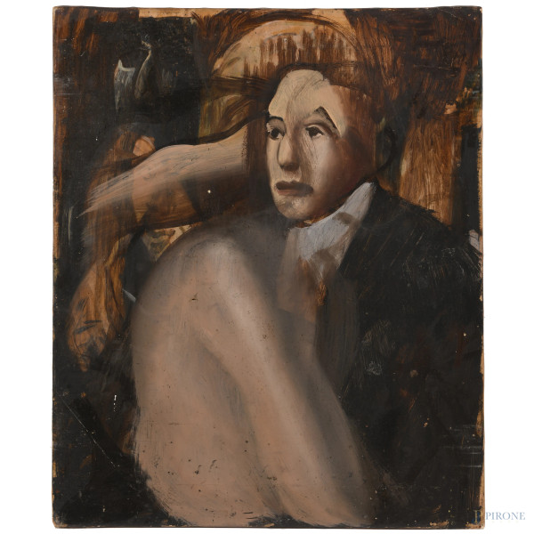 Ritratto Virile, XX secolo, olio su carta applicata su tela, cm 55,5x45, (segni di usura, abrasioni, segni di piegatura, piccole cadute di colore, piccoli fori e lacerazioni)