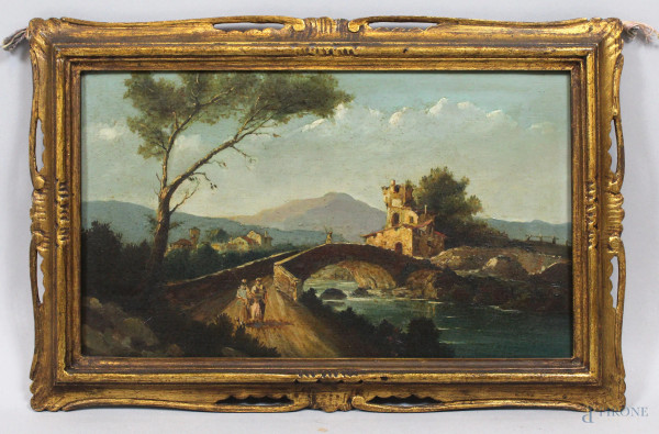 Paesaggio con ponte e figure, olio su tavola, cm. 22x36,5, primi &#39;900, entro cornice.