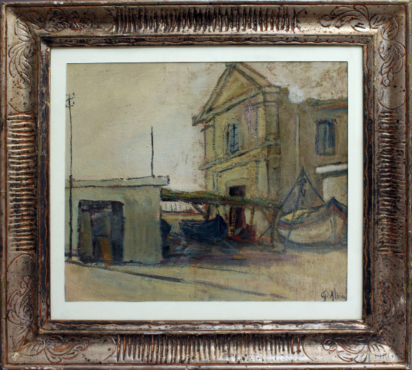 Giuseppe Albano, Scorcio di strada, olio su tavola, cm 40 x 50, entro cornice.