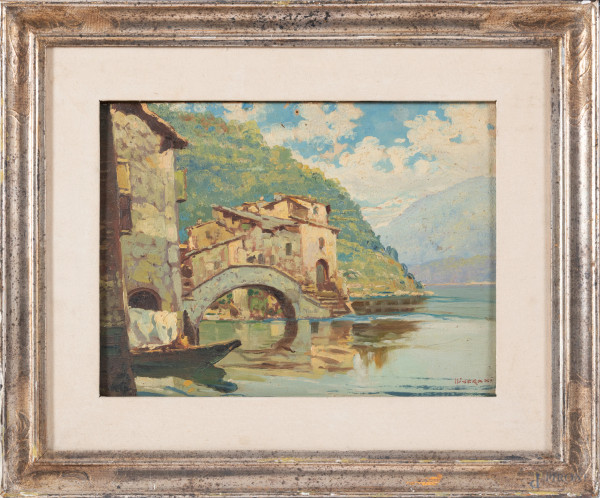 Sul lago, XX secolo, olio su cartone telato, cm 30x40, firmato in basso a destra, entro cornice, (segni di usura, piccolo foro e caduta di colore in alto)