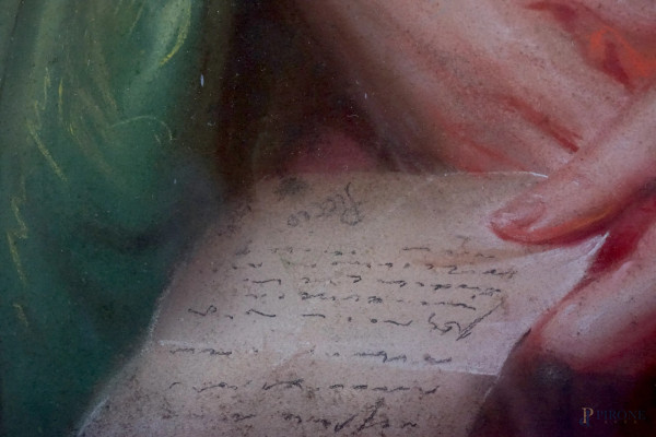 Fanciulla con lettera, pastello su carta, cm 86x62, entro cornice, (macchie)