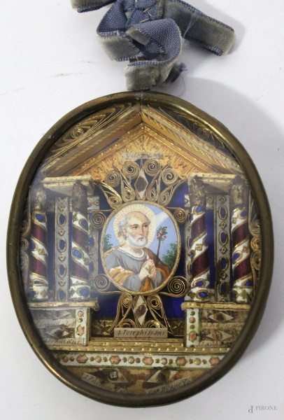 Reliquia di San Giuseppe con altarino in carta dipinta, ad assetto ovale h. 9 cm, XIX sec.