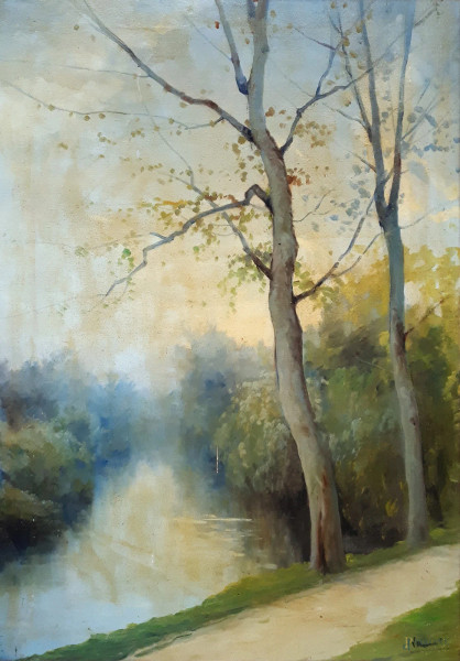 Artista dei primi del Novecento, Paesaggio fluviale con alberi, olio su tela, cm 70x48, firmato