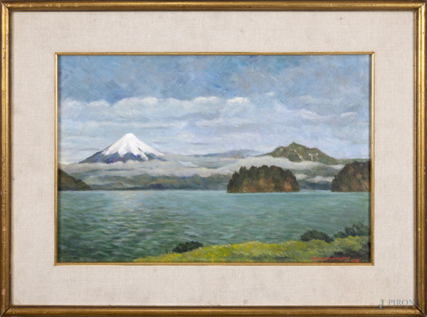 Giulio di Girolamo (1902-1998), Vulcano Osorno, olio su faesite, firmato e datato in basso a destra "Giulio di Girolamo 1972", cm 44x30, entro cornice