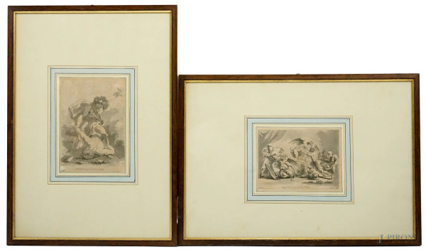 Artista francese del XVIII secolo, due studi raffiguranti "Caino uccide Abele" da Niccolò Tornioli e "Le arpie calano sul banchetto dei Troiani" da Annibale Carracci, inchiostro acquerellato su carta, misure max cm 20x14, entro cornici, (macchie).